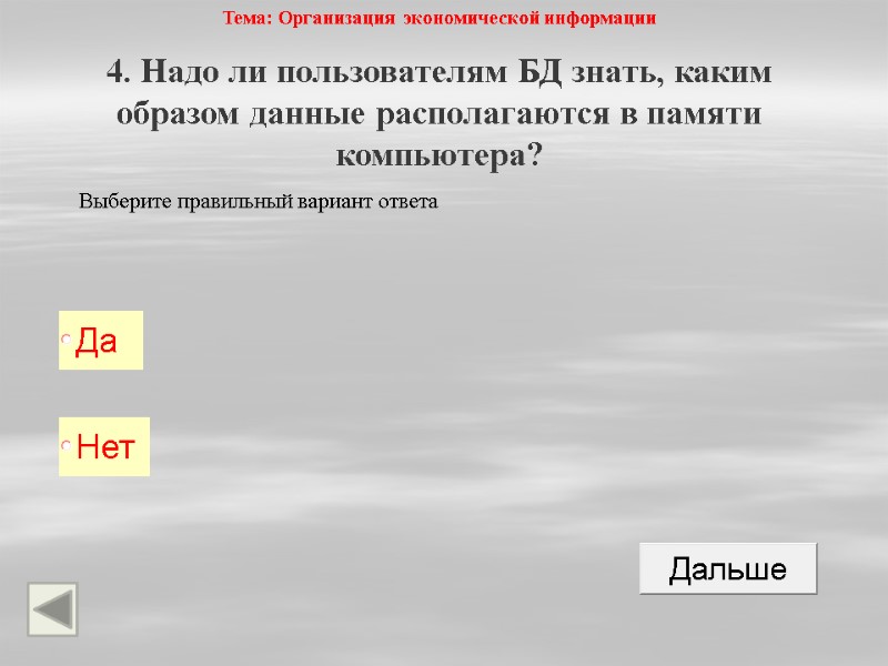 Тема: Организация экономической информации 4. Надо ли пользователям БД знать, каким образом данные располагаются